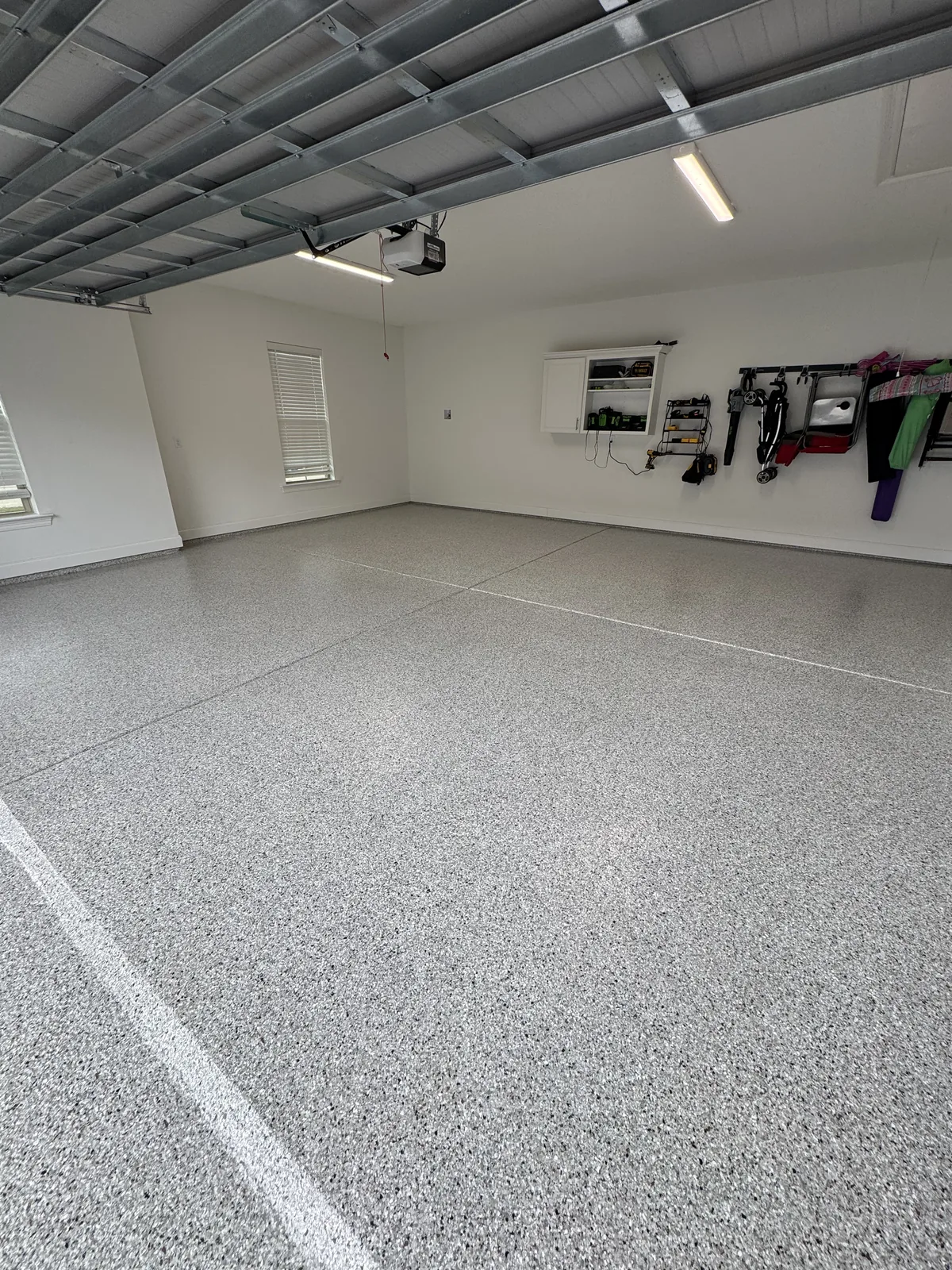 Flake floor coating in an indoor space